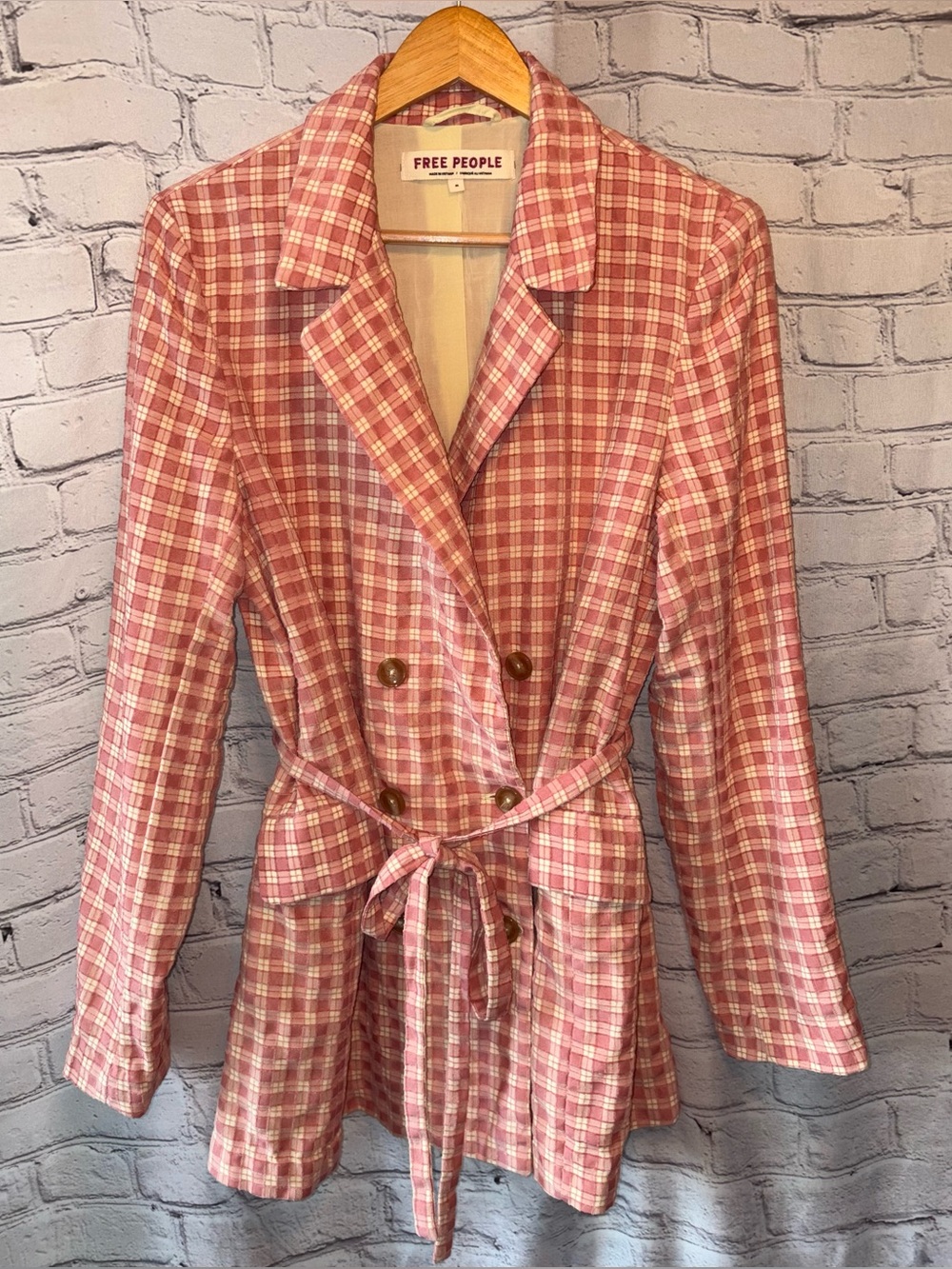 Free People Olivia Pink Gingham Plaid Double-Breasted Belted Blazer Jacket Sz M